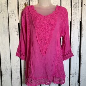 SR Fashion Pink Cotton Crochet Lace Tunic Top Plus XXL Boho Back Tie Lightweight